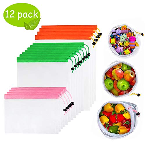 Product Cover 12 Pcs Reusable Mesh Produce Bags, Washable and Heavy Duty Resuable Shopping Bag, Mesh Drawstring Bag, Eco Friendly Fruit Vegetable Produce Bags for Home Shopping Grocery Storage 3 Sizes