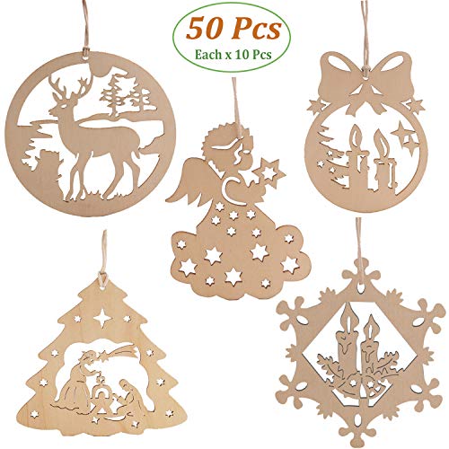 Product Cover Christmas Ornaments Wooden Christmas Tree Ornaments Kit, 50 Pcs 3.1-3.9 Inch Natural Wood Slices Unfinished Predrilled with Hole Wood Carved Ornaments for DIY Arts Crafts Hanging Ornaments Decoration