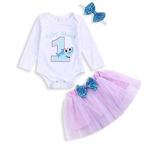 Product Cover Baby Girls Birthday Shark Skirt Sets Toddler Kids Shorts Sleeve Romper + Tutu Bow Skirt Summer Dresses Outfits (Purple, 12-18 Months)