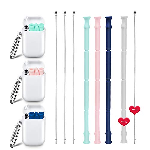 Product Cover BVN Reusable Straw with Case- 3 Pack 4 Straws Food Grade Silicone Straw with Carrying Case and Cleaning Brushes, FDA Certified