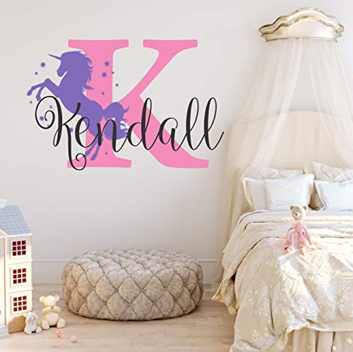 Product Cover Nursery Unicorn Name and Initial Custom Wall Decal Sticker, Girl Wall Decal, Girls Name, Decor, Personalized, Girls Name Decor, Girls Nursery, Plus Free White Hello Door Decal (L)