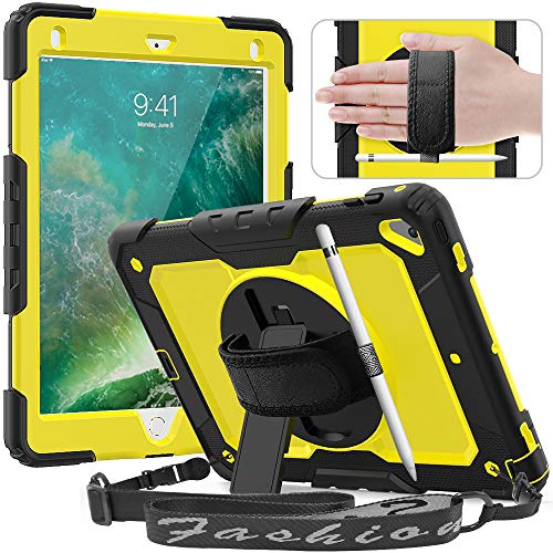 Product Cover Timecity iPad 6th/5th Generation Case,New iPad 9.7 Inch 2018/2017 Case.with Rotating Stand/Strap Full-Body Hybrid Armor Rugged Durable Protective Case for iPad 5th/6th Gen/Air 2/ Pro 9.7-Yellow+Black