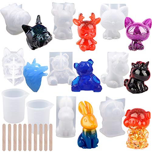 Product Cover EuTengHao 20Pcs 3D Animal Resin Molds Tools Set Includes 8 Resin Casting Molds Large Clear Unicorn Epoxy Silicone Molds 2 Measurement Cup 10 Wood Sticks for Resin Craft DIY