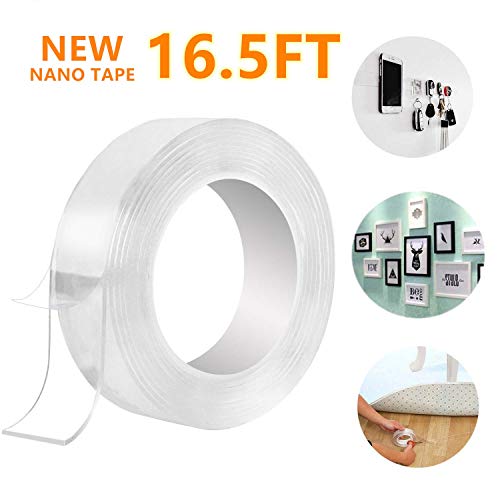 Product Cover Traceless Transparent Gel Mat Tape Double Sided Adhesive Grip Tape,Nano Washable Removable and Reusable Sticky Anti-Slip Gel Tape for Paste Photos Posters,Fix Carpet Mats or Office Wall (16.5FT/5M)