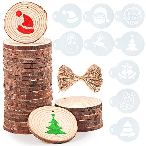 Product Cover Caydo 30 Pieces 2.4-2.8 Inch Unfinished Round Wood Slices with Holes, 10 Piece Christmas Pattern Stencils and 33 Feet Natural Jute Twine for Home Hanging Decorations