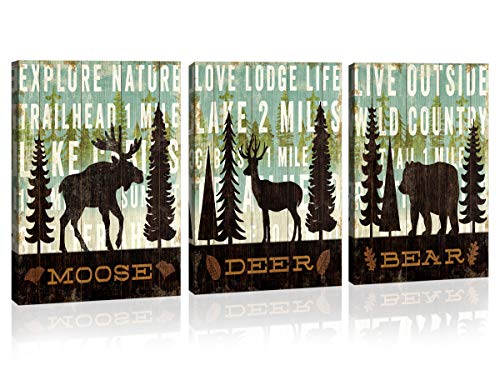 Product Cover wall art for living room bathroom Bedroom home wall decor 3 Panels Canvas Print moose deer bear Christmas tree animal Pictures Modern Stylish, landscape Painting Artwork Wooden Framed Decor Poster