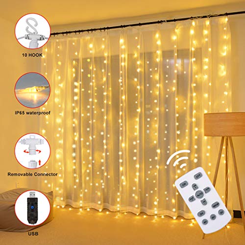 Product Cover Nacinic [Upgraded] Curtain Lights 300 LED Copper Curtain String Light with Remote Control, Waterproof Indoor Outdoor Window Wire Light for Bedroom Party Wedding