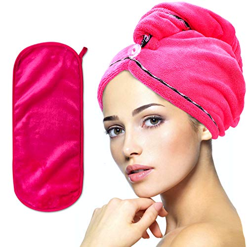 Product Cover Elegant Pink Microfiber Hair Towel for Curly Hair - Hair Drying Towels with Bonus Makeup Remover - Hair Turbans for Wet Hair - Quick Dry Hair Towel - Hair Towel Wraps for Women & Curly Hair Towel
