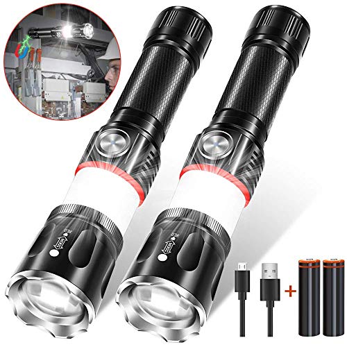Product Cover Led Rechargeable Flashlight, Magnetic Flashlight 360° COB Light (18650 Battery Included), Super Bright Zoomable Water-Resistant 4 Light Modes for Camping Hiking Emergency (2 pack)