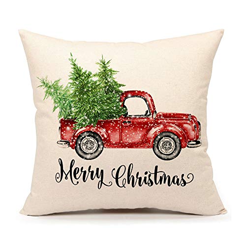 Product Cover 4TH Emotion Christmas Farmhouse Truck Throw Pillow Cover Green Tree Cushion Case for Sofa Couch 18x18 Inches Cotton Linen
