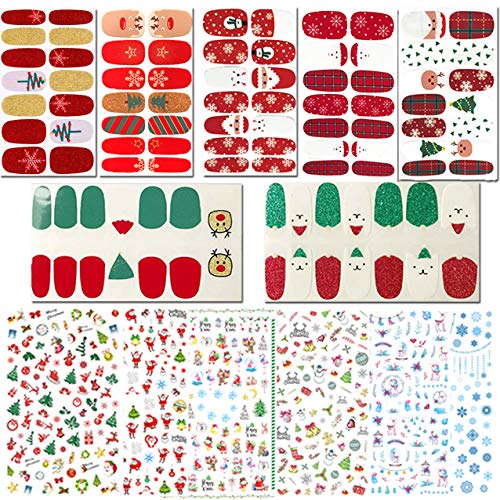 Product Cover 15 Sheets Christmas Nail Decals, 7 Sheets Nail Polish Stickers and 8 Sheets Patterns Stickers, Full Wraps Strips and Self-adhesive Tips Set for DIY Nail Art Stencil (1000Pcs)