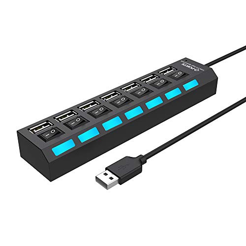 Product Cover Multi Port USB Splitter, 7-Ports USB 2.0 Hub High Speed ON/Off Individual Switch with LEDs Compatible for All USB Device (Black-7 Ports)