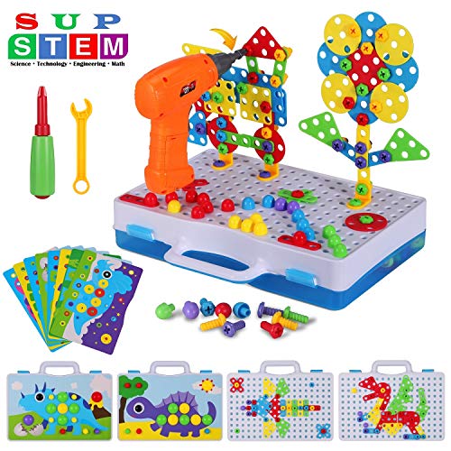 Product Cover 224 Pieces STEM Engineering Toys, Electric Drill Puzzle Toys and Button Art Kit, DIY Construction Building Blocks Pegboard for 4-8 Year Old Kids, Creative Games for Preschool Boys & Girls Gift