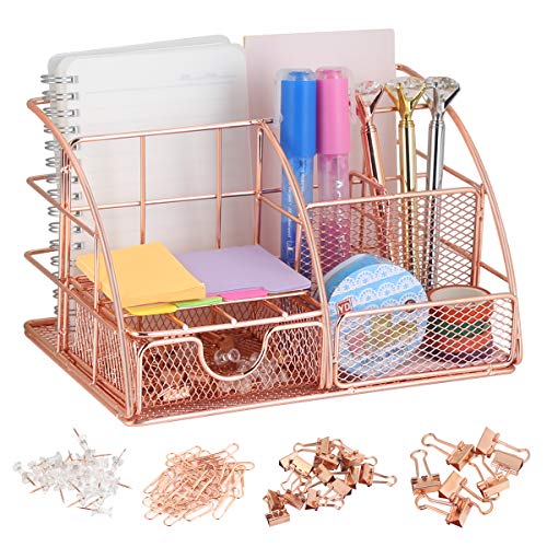 Product Cover Rose Gold Desk Organizer with Drawer,File Tray and 4 Upright Sections for Pen,Marker,Paper etc, Mesh Metal Multi-Use Stationery Desktop Organizer for Office,School,Home(72pcs Clips Set for Free)