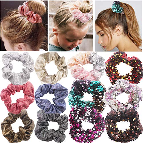 Product Cover 12PCS Sparkly Glitter Sequin Hair Scrunchies Ponytail Holder Elastic Hair Bands Hair Ties Hair Accessories for Girls Women Teens (6PCS Glitter Scurnchies,6PCS Reversible Sequin Scrunchies)