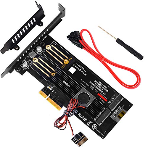 Product Cover Speedbyte PCIe Nvme Adapter, M.2 NVME SSD (M Key) or M.2 SATA SSD (B Key) 22110 2280 2260 2242 2230 to PCI-e 3.0 x4 Host Controller Expansion Card with SSD Fan Cooler Heatsink for PC Desktop,Black
