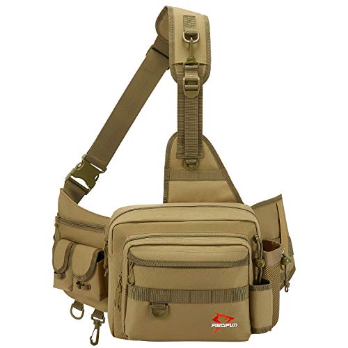 Product Cover Piscifun Sling Fishing Tackle Bag，Outdoor Fishing Storage Pack，Water-Resistant Fishing Bag Cross Body Sling Bag Khaki