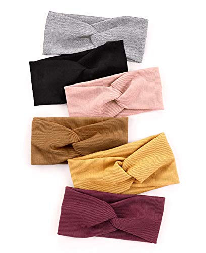 Product Cover Huachi Turban Headbands for Women Wide Head Wraps Knotted Elastic Teen Girls Yoga Workout Solid Color Hair Accessories, 6 Pack