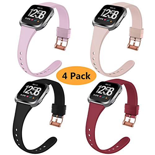 Product Cover Coperr 4 Packs Bands Compatible with Fitbit Versa/Fitbit Versa 2/Fitbit Versa Lite for Women Men, Narrow Slim Soft Silicone Replacement Wristband for Fitbit Versa Smart Watch with Buckle Design