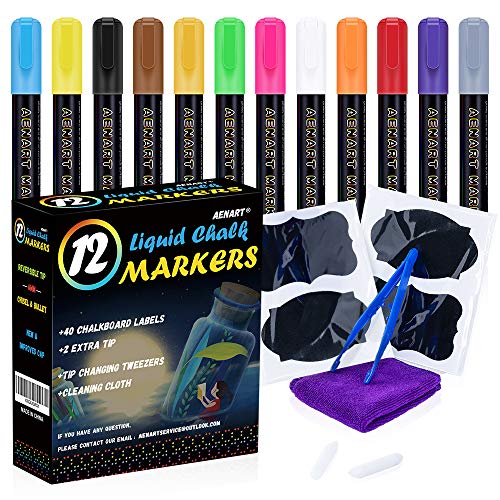 Product Cover Liquid Chalk Markers, 12 Pack of Neon Chalk Pens for Nonporous Chalkboards, Blackboards, Glass and Windows (Arts Chalk Markers with Reversible Bullet and Chisel Tip)