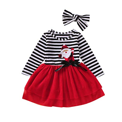 Product Cover Mini honey 2PCS Toddler Baby Girl Christmas Dress Cotton Long Sleeve Santa Prints Christmas Princess Tutu Dress+Headband Christmas Party Outfits (1-2 T, R) Red