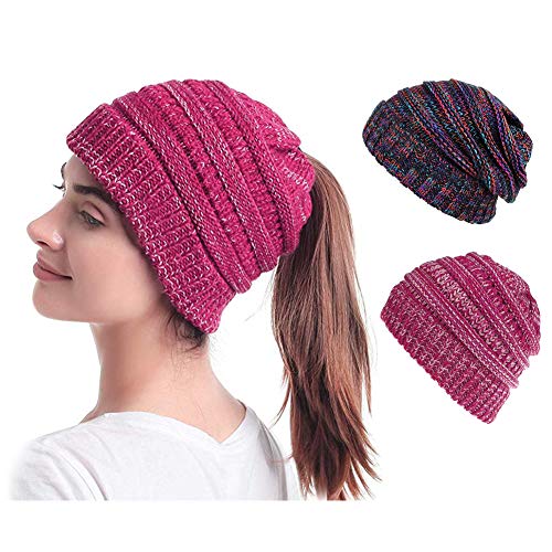 Product Cover EMISK 2 Pack Women's Beanie Ponytail Hats Messy Bun Beanie Tail Skull Cap Soft Ribbed Hat Winter Knit Stretch Beanie Hat