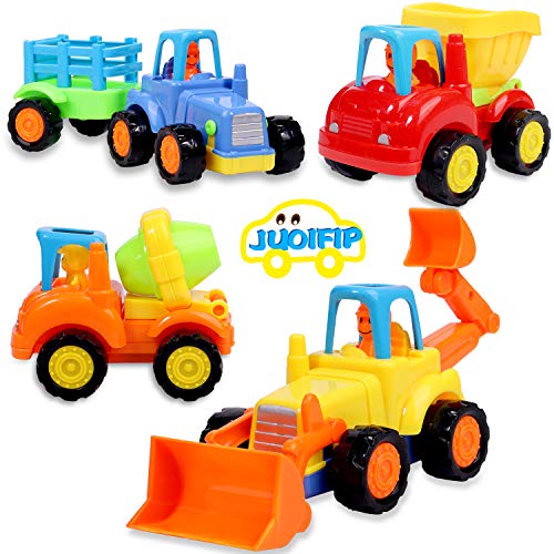 Product Cover JUOIFIP Friction Powered Cars Push and Go Toys Construction Vehicles Toys Set of 4 - Tractor, Bulldozer, Cement Mixer Truck, Dumper - for Baby Toddlers Children Kids Gift