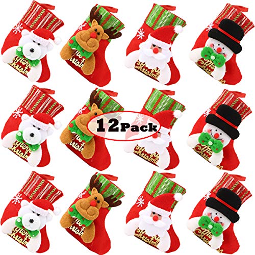 Product Cover FUNYU Mini Christmas Stockings, Xmas Stockings 3D Character Plush Santa, Snowman, Reindeer, Bear, Small Bulk Red Stocking 6