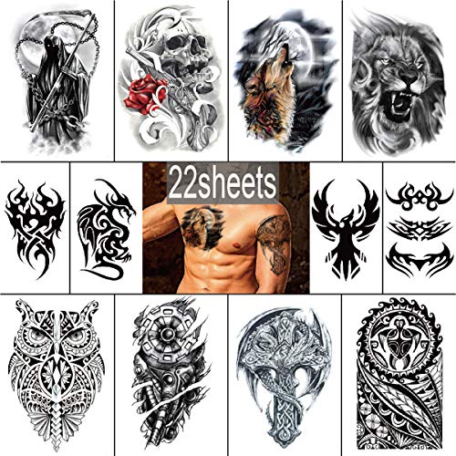 Product Cover YAKAGO 22 Pieces Large Temporary Tattoos For Men Adults Guys Body|Arm|Shoulder|Chest Fake Tattoo Sticker Lion|Wolf|Owl|Death|Skull