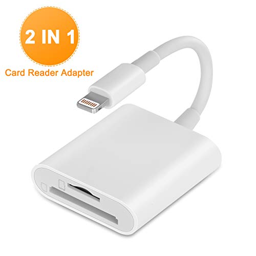 Product Cover VELLEE SD Card Reader Compatible with iPhone/iPad, TF & SD Memory Card Reader Adapter, 2 in 1 Dual Slot Card Reader, Trail Game Camera Viewer (Support iOS 9.2-13 or Later), Plug and Play - White