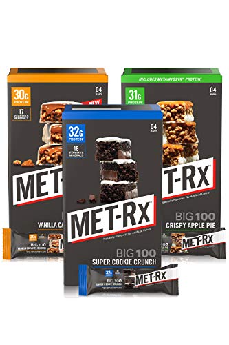 Product Cover MET-Rx Big 100 Colossal Protein Bars, Healthy Meal Replacement Snack, Super Cookie Crunch, Vanilla Caramel Churro, Crispy Apple Pie Variety, 12 Count