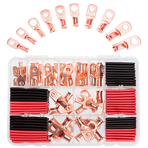Product Cover RockDIG 50 pcs AWG 8/6/4/2 Heavy Duty Bare Copper Lugs, Closed End Tubular Ring Terminals, Battery Electrical Cable Wire Connectors Assortment Kit(with 50 pcs Heat Shrink Tubings)