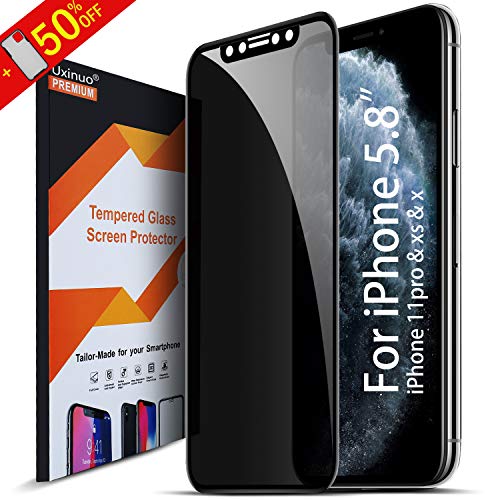 Product Cover Uxinuo Privacy Screen Protector for iPhone 11 Pro, Premium 4D Curved Edge to Edge Full Coverage Privacy Tempered Glass Screen Protector for Apple iPhone 11 Pro 2019 and Xs 2018 and X 2017 5.8 Inch