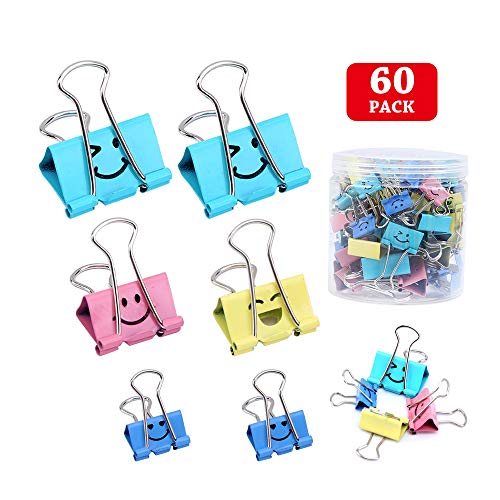 Product Cover Binder Clips, Limque Paper Clips,Paper Clamps with Colored Cute Hollow Smiling Face,60 Pcs Assorted Size Clips, for Office,Teacher Gifts and Kitchen