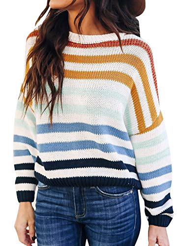 Product Cover Achicday Women's Long Sleeve Crew Neck Striped Color Block Sweater Loose Oversized Knit Pullover Tops