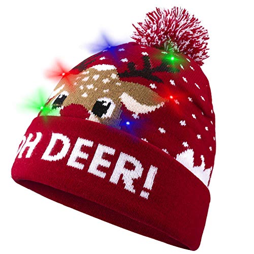Product Cover Hotdor LED Light up Christmas Hat Lighted Beanie Knitted Cap with 6 Fairy Lights New Year Ugly Sweater Party Festival Novelty Gifts for Family Friends Unisex