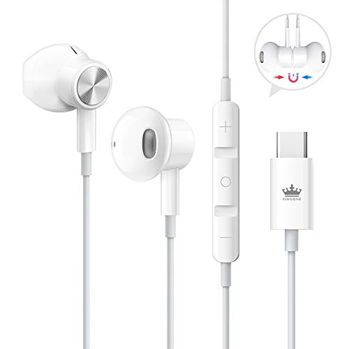 Product Cover USB C Headphones,KINGONE Type C Earbuds USB C Earphones HiFi Stereo Magnetic with Mic & Volume Control Compatible with Google Pixel 3/2/XL,iPad Pro 2018,MacBook,Sony XZ2 Pro,Samsung S9 (White)