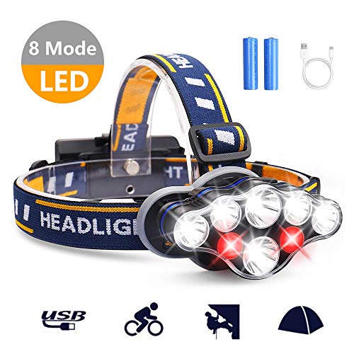 Product Cover Harmonic Headlamp, 1300 Lumen 8 LED Headlight with White Red Lights, USB Rechargeable Waterproof Head Lamp, 8 Modes Headlamp Flashlight for Outdoor Camping,Cycling,Fishing,Running