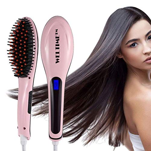 Product Cover Weltime Hair Electric Comb Brush 3 in 1 Ceramic Fast Hair Straightener For Women's Hair Straightening Brush with LCD Screen, Temperature Control Display,Hair Straightener For Women (Pink)