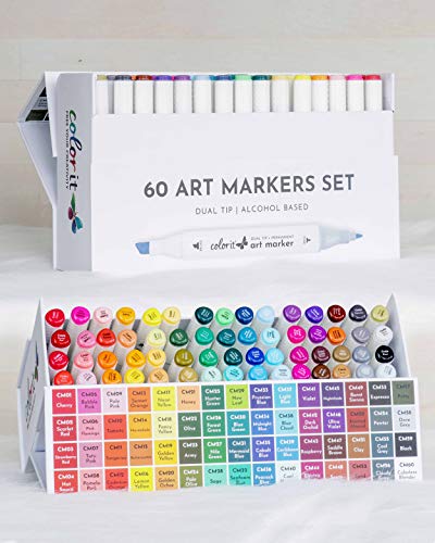 Product Cover ColorIt 60 Dual Tip Art Markers Set For Coloring - Double Sided Artist Alcohol Permanent Markers With Bullet And Chisel Tip