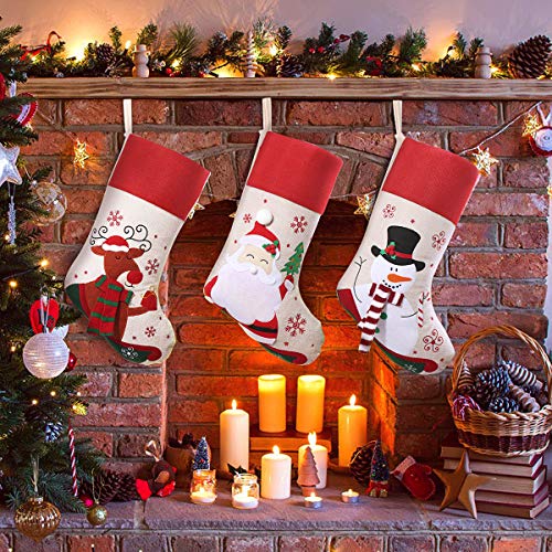 Product Cover Unomor Christmas Stockings 3 Pack 18 inches Large Xmas Stockings Set with 3D Santa Snowman Reindeer for Christmas Tree Decorations Holiday Party Decor Gifts