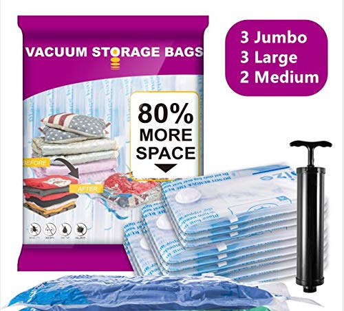 Product Cover 8 Pack Vacuum Storage Bags (3 x Jumbo, 3 x Large, 2 x Medium) Space Saver Bags for Clothes Pillows Blankets Comforters with Hand Pump for Travel