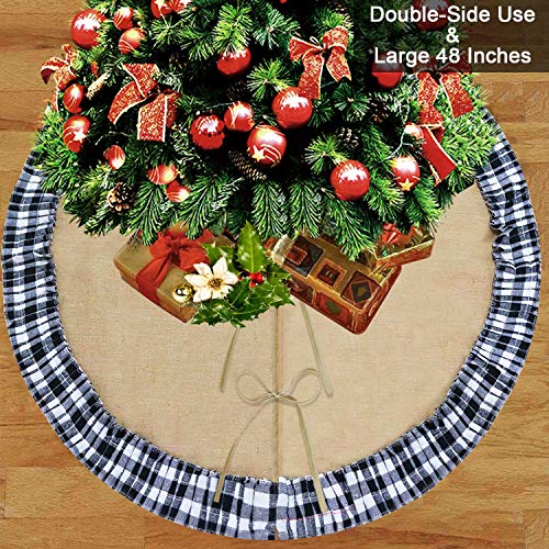 Product Cover Partyprops Christmas Tree Skirt, Large 48 Inch Burlap Tree Skirt with Black White Checkered Ruffle Decors, Buffalo Plaid Tree Skirt for Christmas Decorations, Xmas Holiday Decorations Indoor Outdoor