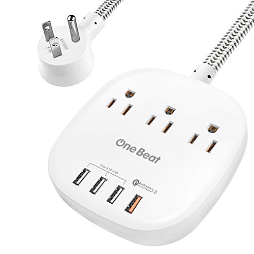 Product Cover Power Strip with 18W Quick Charge 3.0, 3 Outlets 4 USB Portable Desktop Charging Station with Flat Plug, 5ft Long Braided Extension Cords for Home and Office, ETL Listed, White