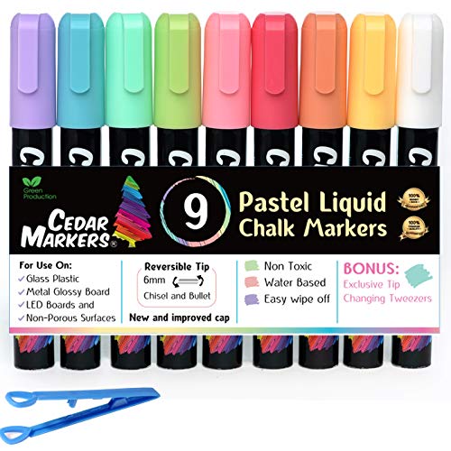 Product Cover Cedar Markers Liquid Chalk Markers - 9 Pastel Colors Pack. Chalkboard Markers for Chalkboard with Reversible Bullet And Chisel Tip And A Brand New Revolutionary Cap. Chalk Pens for Glass (9 Pastel)