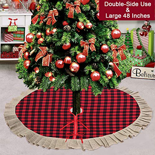 Product Cover Partyprops Christmas Tree Skirt, Large 48 Inch Red Black Buffalo Plaid Tree Skirt, Burlap Ruffle Double Layers Tree Skirt for Christmas Decorations, Xmas Holiday Decorations Indoor Outdoor