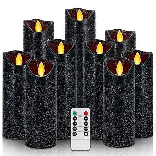 Product Cover Flameless Candles Halloween Battery Operated Candles Flickering Light Pillar Real Smooth Wax with Timer and 10-Key Remote for Halloween Set of 9 (Black)