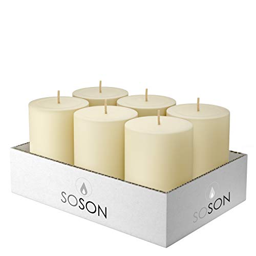 Product Cover Simply Soson 3 x 4 Inch Ivory Unscented Pillar Candle Bulk Set - Dripless, Scent Free Paraffin Wax Candle Pillars - Medium Size Wedding or Home No Drip Candles - 6 Pack