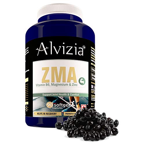 Product Cover Alvizia's ZMA Supplements for men (90 Softgel Capsules) - Zinc Magnesium Vitamin B6 Supplement | Muscular Strength & Power | Testosterone Booster| Sleep Aid for Nighttime recovery