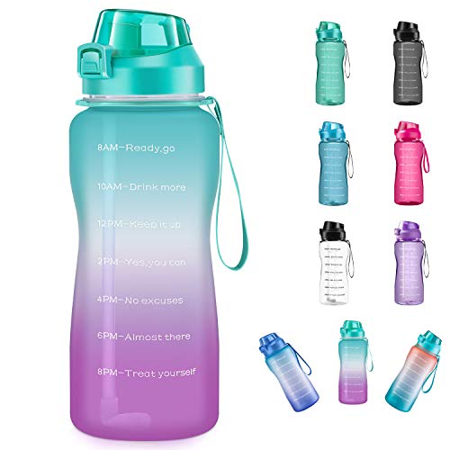 Product Cover 4AMinLA Motivational Water Bottle 2.2L/64oz Half Gallon Jug with Straw and Time Marker Large Capacity Leakproof BPA Free Fitness Sports Water Bottle (Ombre Green+Purple, 64oz)